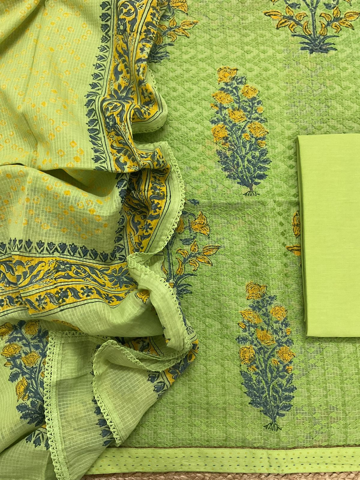 Pure Kota Cotton Printed Embroidered Suit - Green