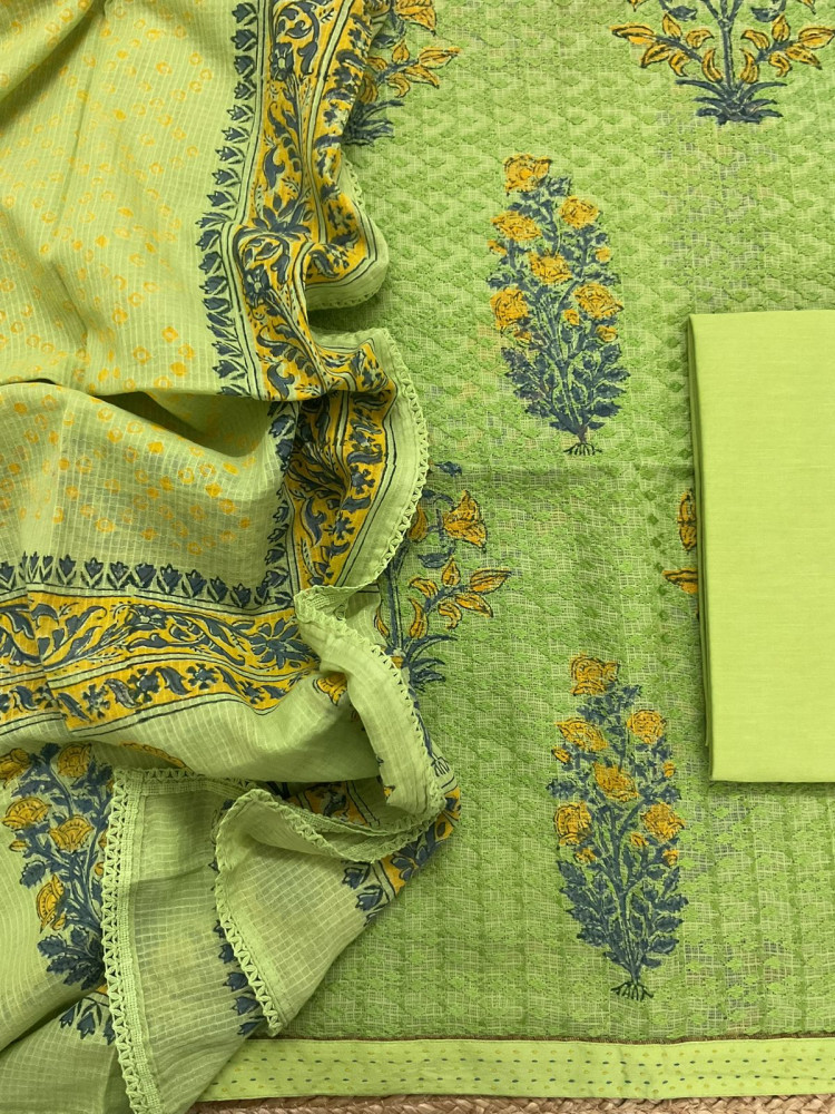 Image of Pure Kota Cotton Printed Embroidered Suit - Green