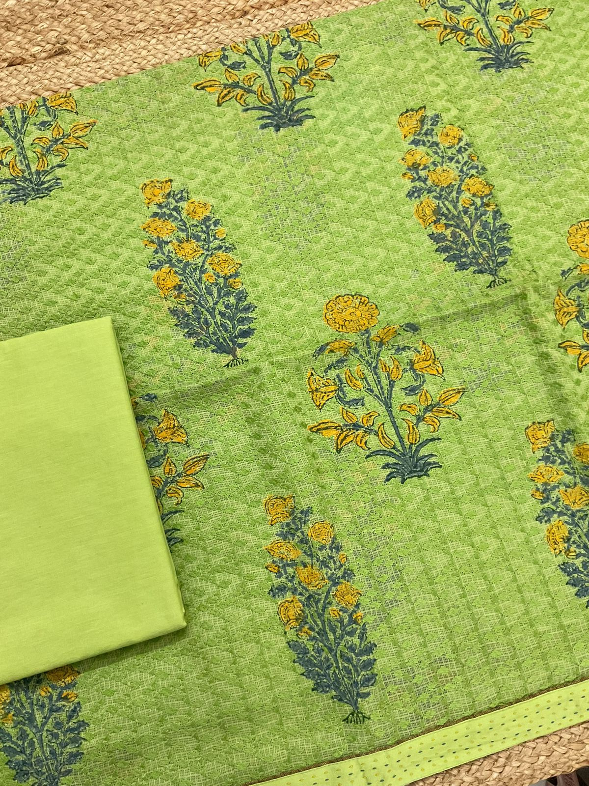 Pure Kota Cotton Printed Embroidered Suit - Green