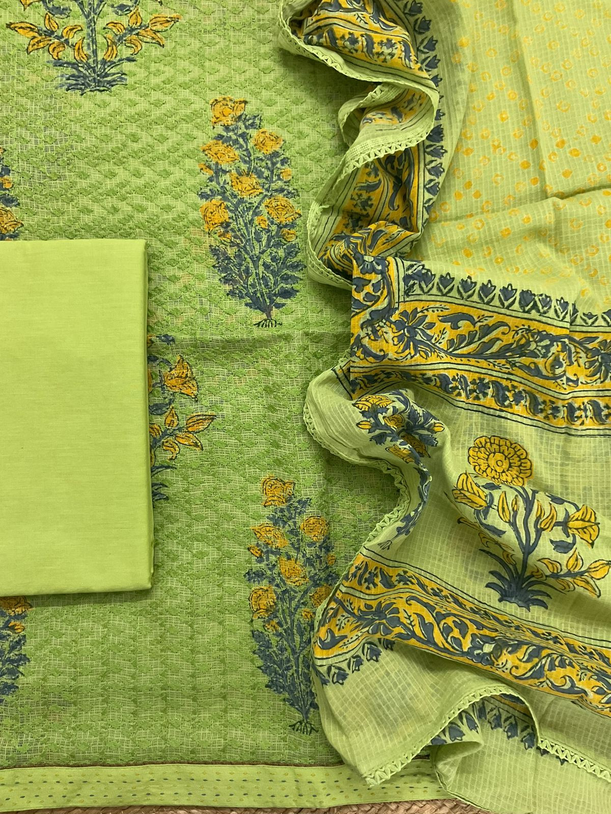 Pure Kota Cotton Printed Embroidered Suit - Green