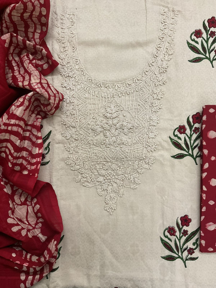 Image of Pure Cotton Silk Self Weaved Printed Embroidered Suit - Beige