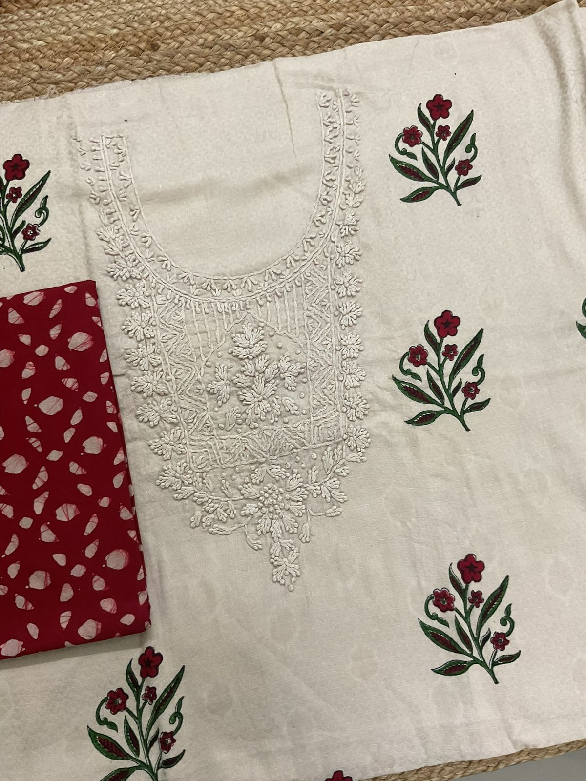 Pure Cotton Silk Self Weaved Printed Embroidered Suit - Beige