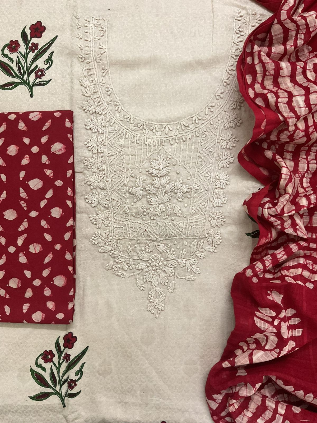 Pure Cotton Silk Self Weaved Printed Embroidered Suit - Beige