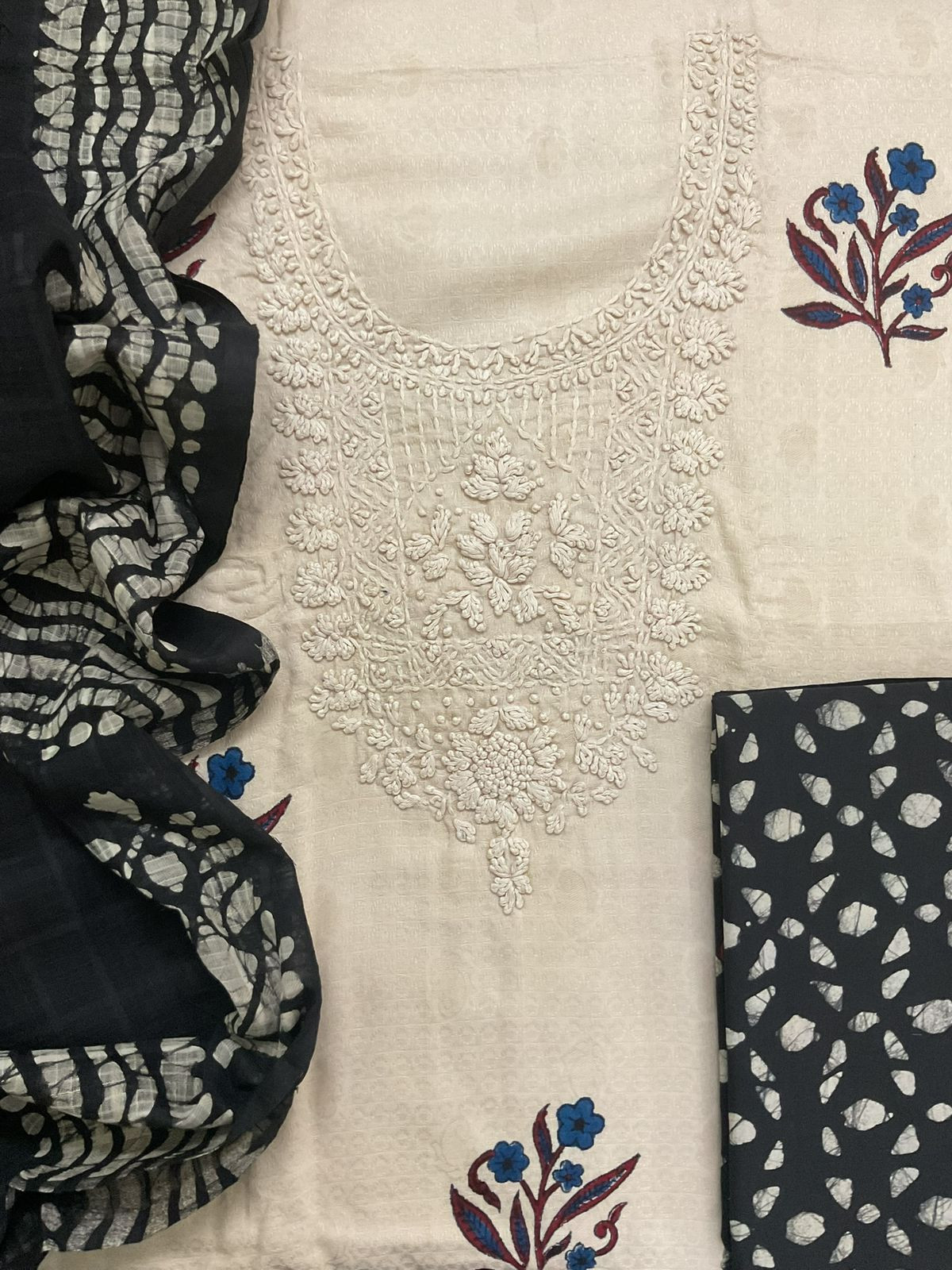 Pure Cotton Silk Self Weaved Printed Embroidered Suit - Beige