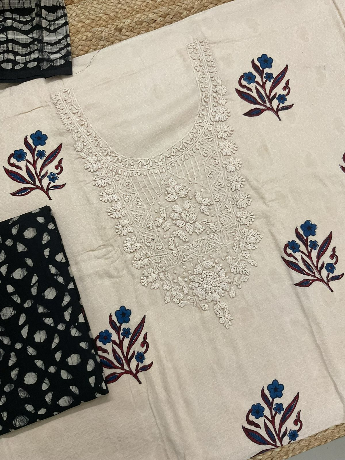 Pure Cotton Silk Self Weaved Printed Embroidered Suit - Beige