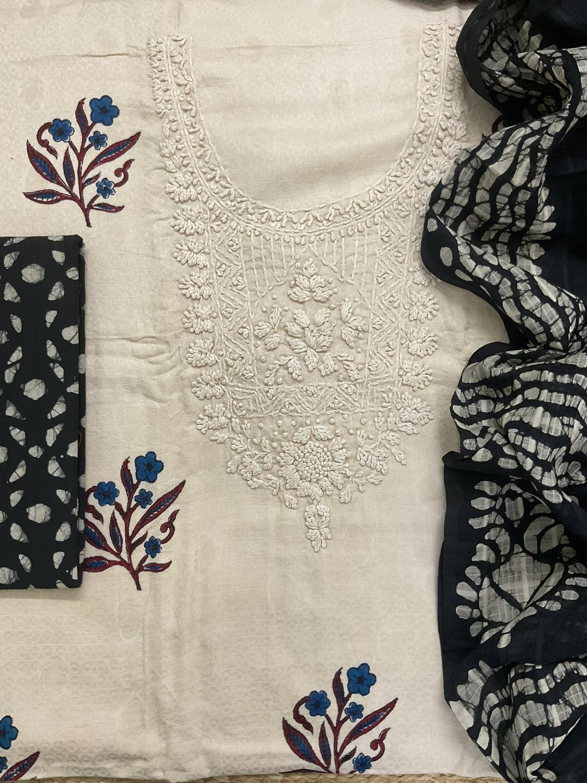 Pure Cotton Silk Self Weaved Printed Embroidered Suit - Beige