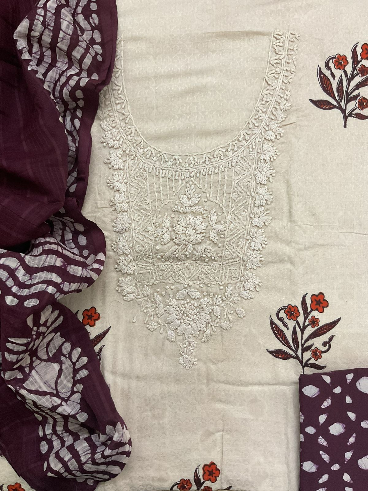 Pure Cotton Silk Self Weaved Printed Embroidered Suit - Beige