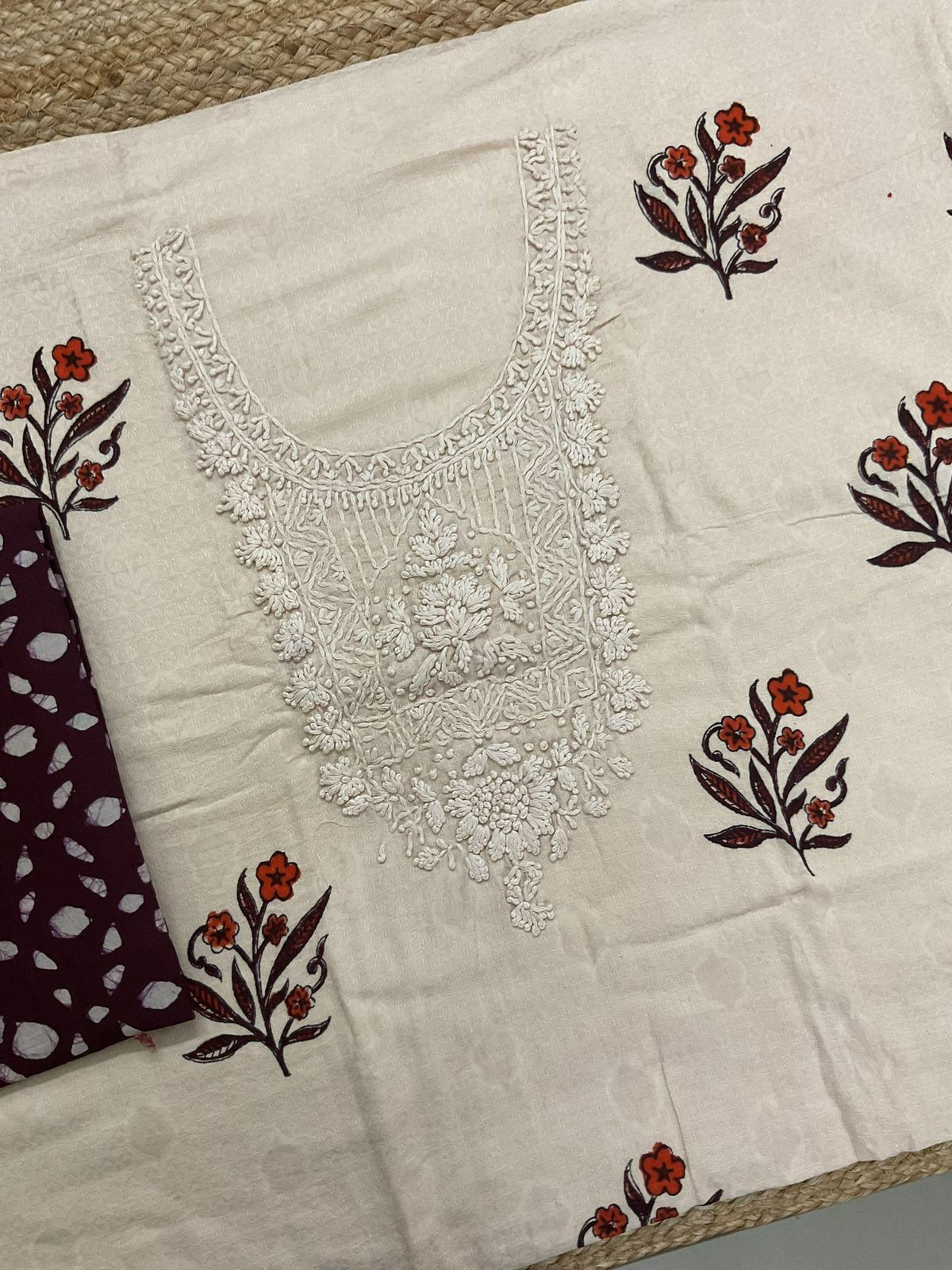 Pure Cotton Silk Self Weaved Printed Embroidered Suit - Beige