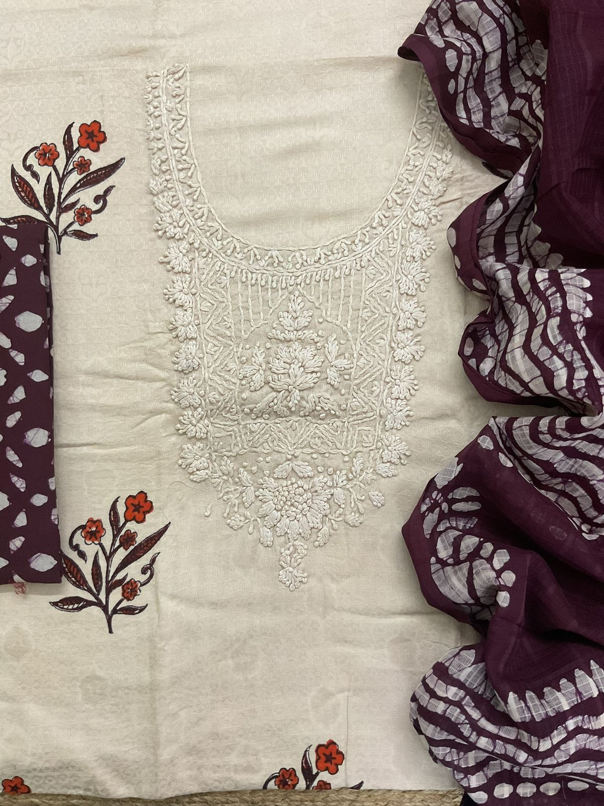 Pure Cotton Silk Self Weaved Printed Embroidered Suit - Beige