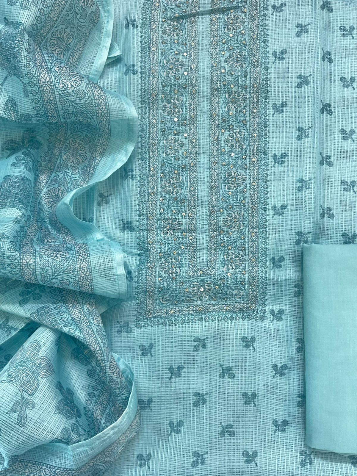 Soft Kota Silk Printed Embroidered Suit - Blue