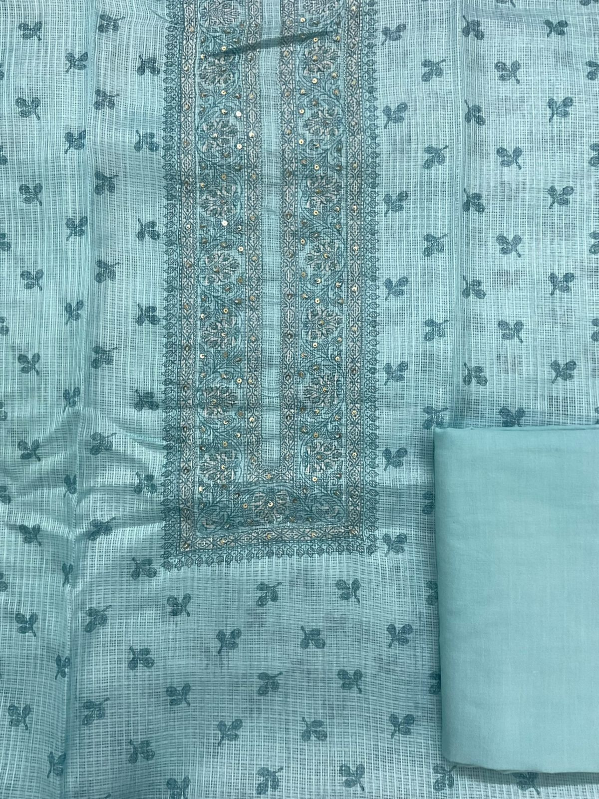 Soft Kota Silk Printed Embroidered Suit - Blue