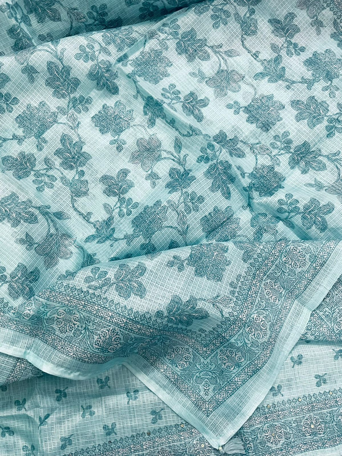 Soft Kota Silk Printed Embroidered Suit - Blue