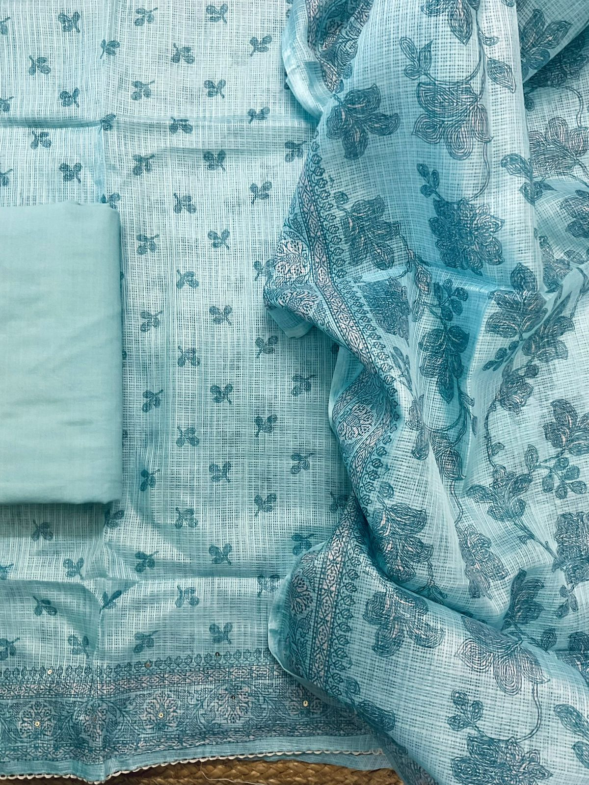 Soft Kota Silk Printed Embroidered Suit - Blue