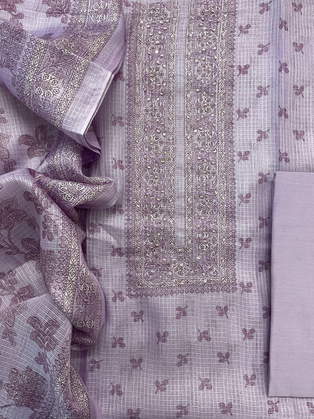 Soft Kota Silk Printed Embroidered Suit - Lavender