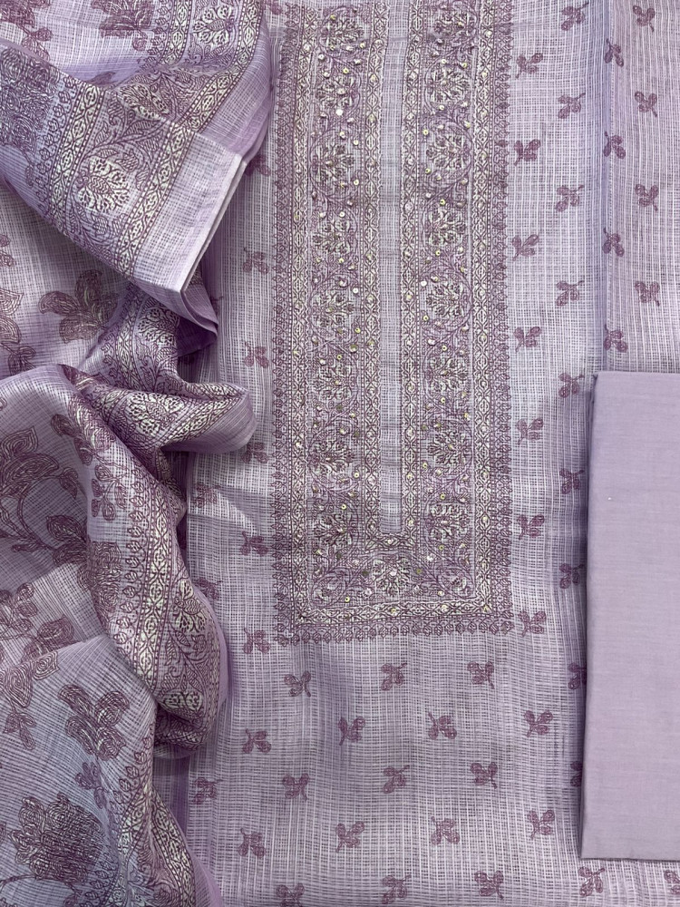 Image of Soft Kota Silk Printed Embroidered Suit - Lavender