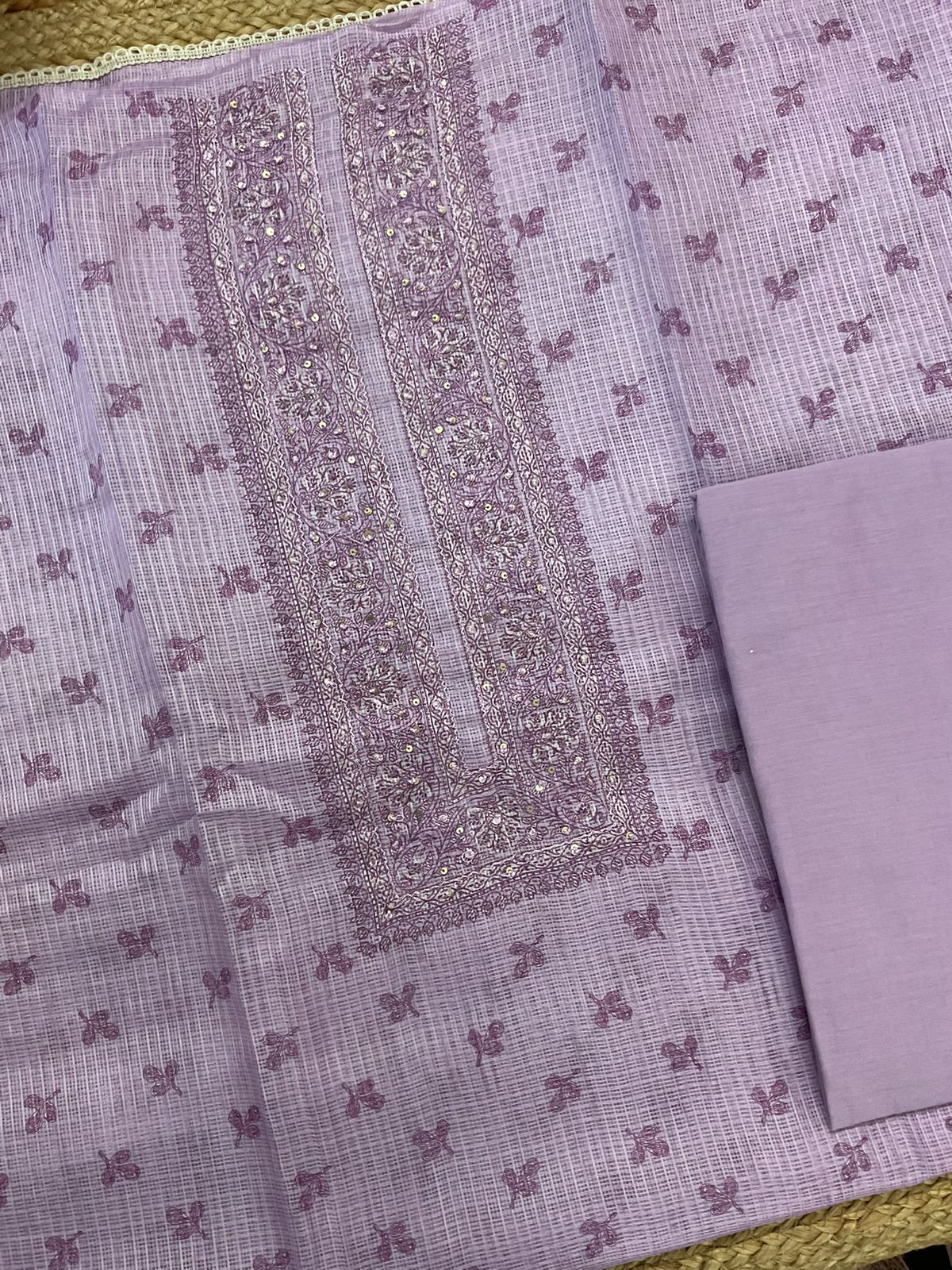Soft Kota Silk Printed Embroidered Suit - Lavender