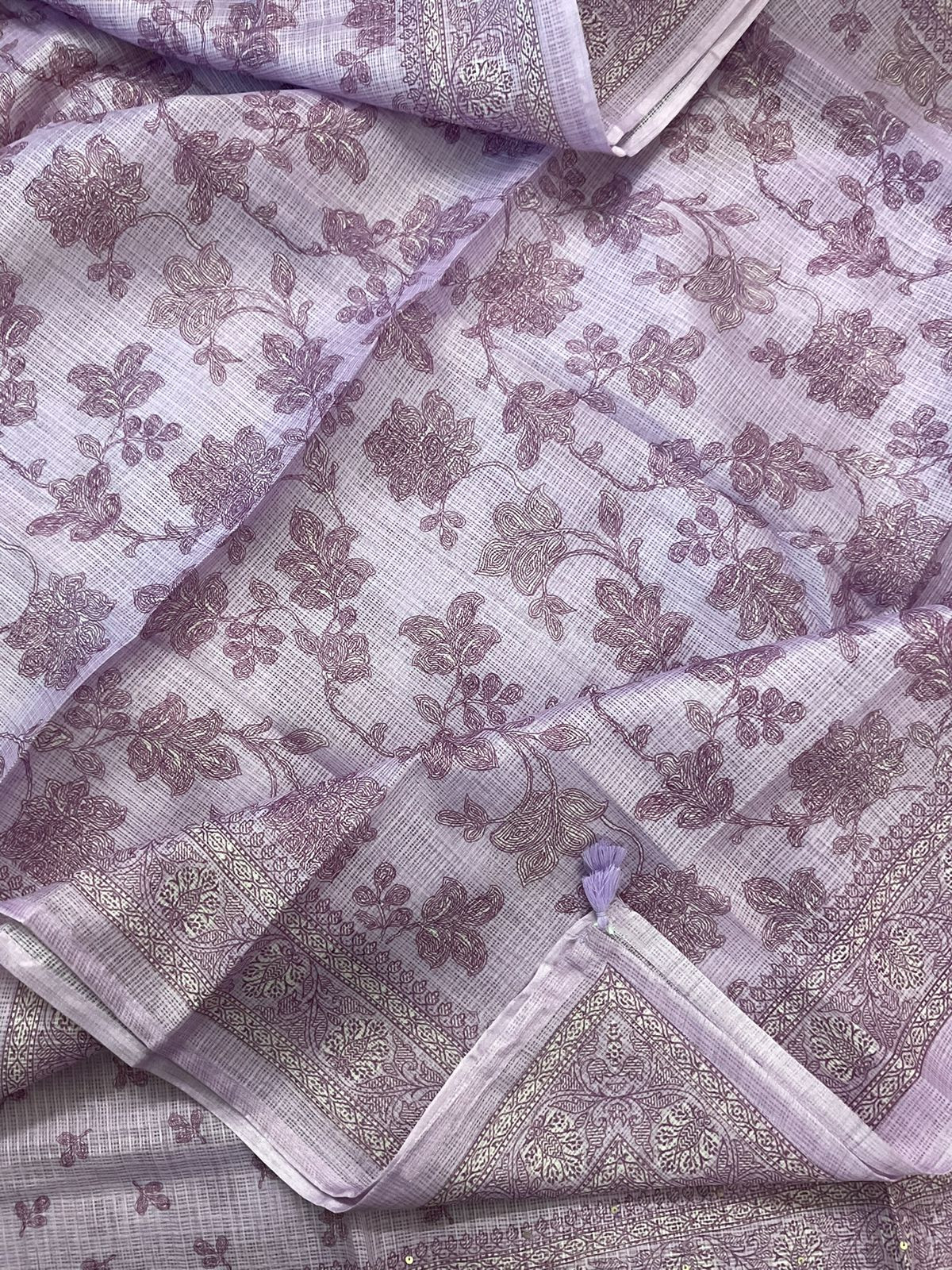 Soft Kota Silk Printed Embroidered Suit - Lavender