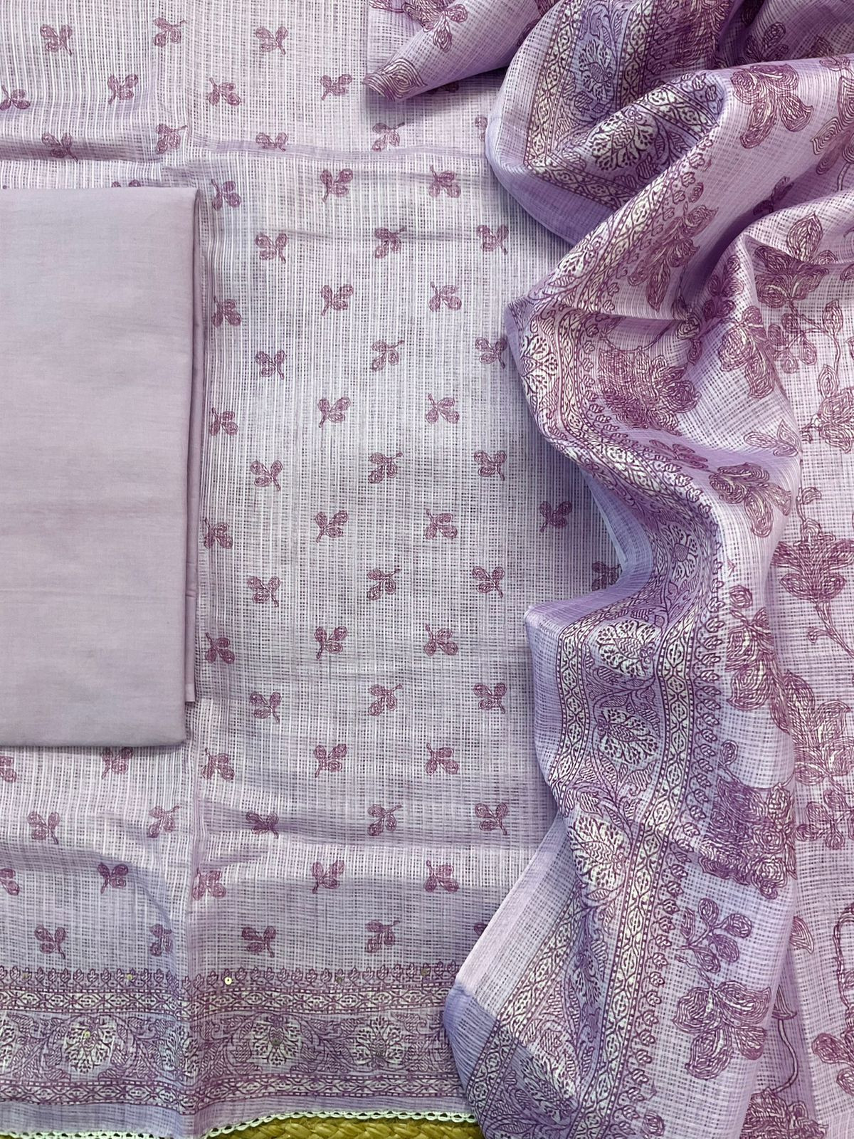 Soft Kota Silk Printed Embroidered Suit - Lavender