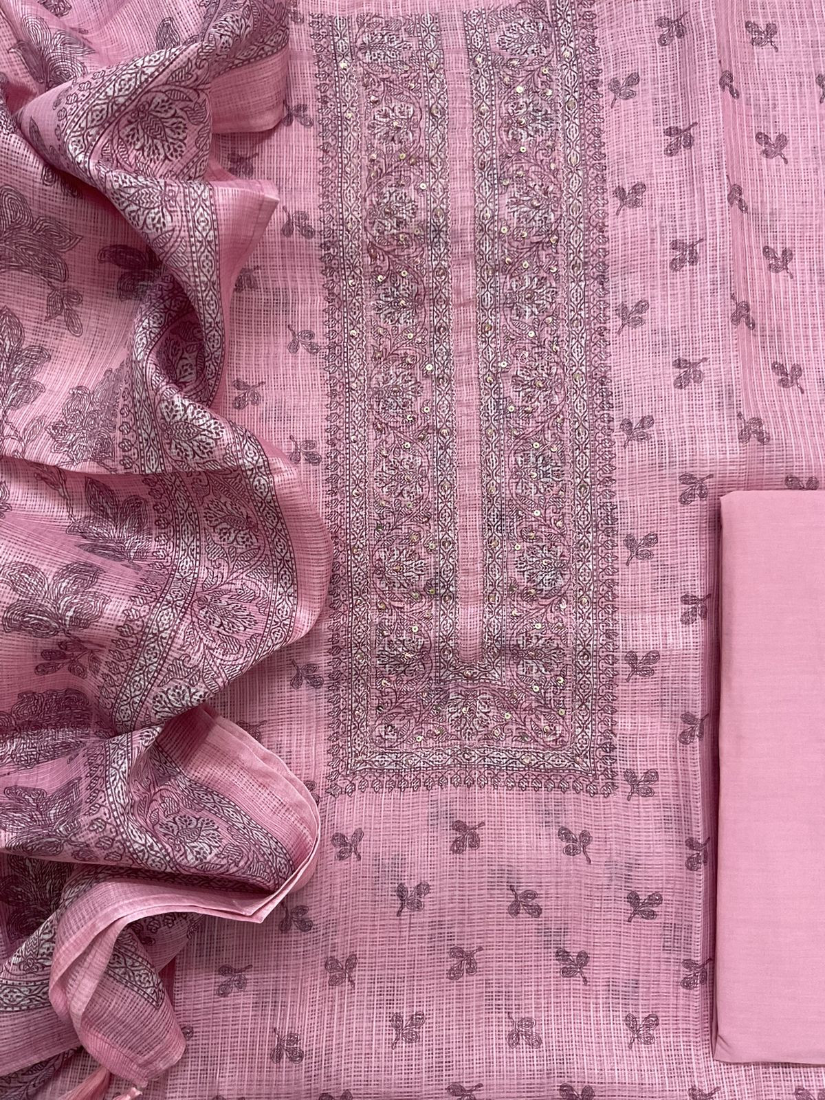 Soft Kota Silk Printed Embroidered Suit - Pink