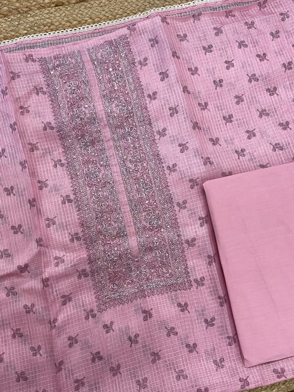 Soft Kota Silk Printed Embroidered Suit - Pink