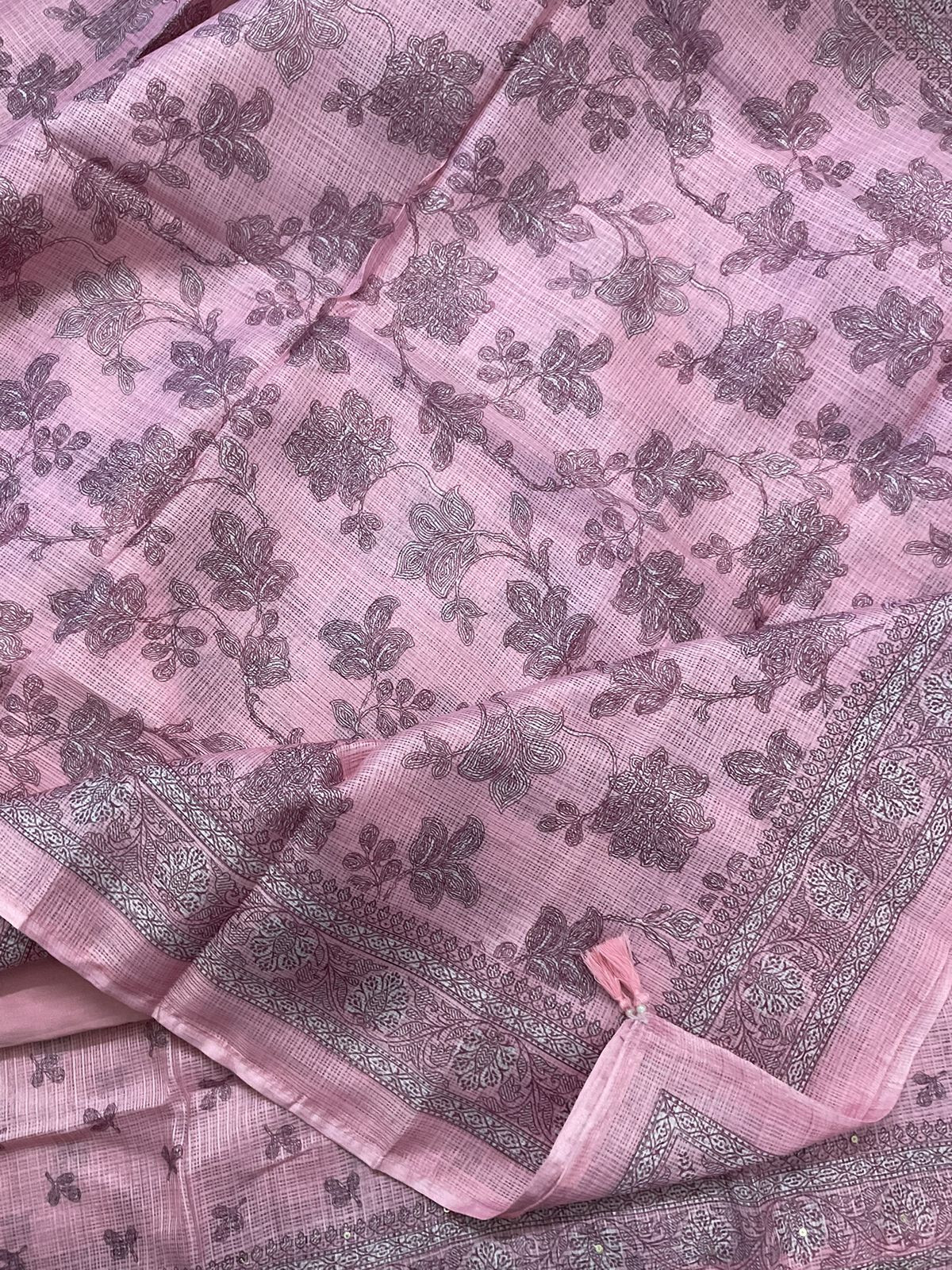 Soft Kota Silk Printed Embroidered Suit - Pink