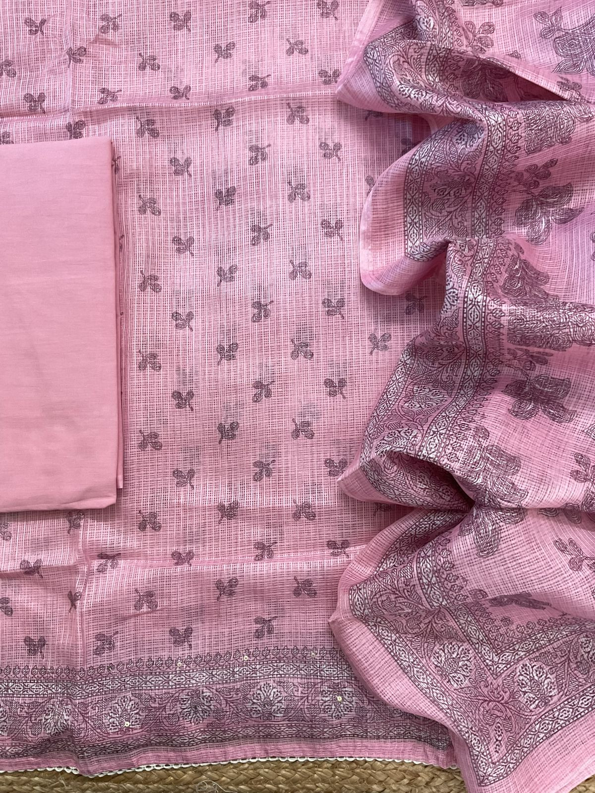 Soft Kota Silk Printed Embroidered Suit - Pink