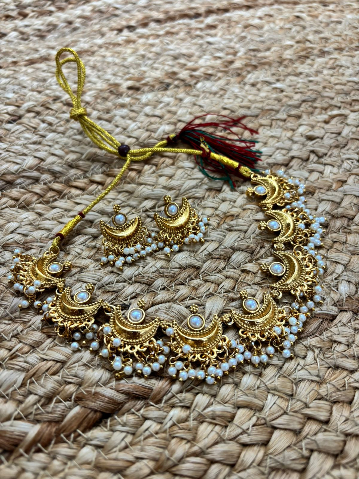Metallic Oxidised Gold Necklace Set With Earrings - Pearl