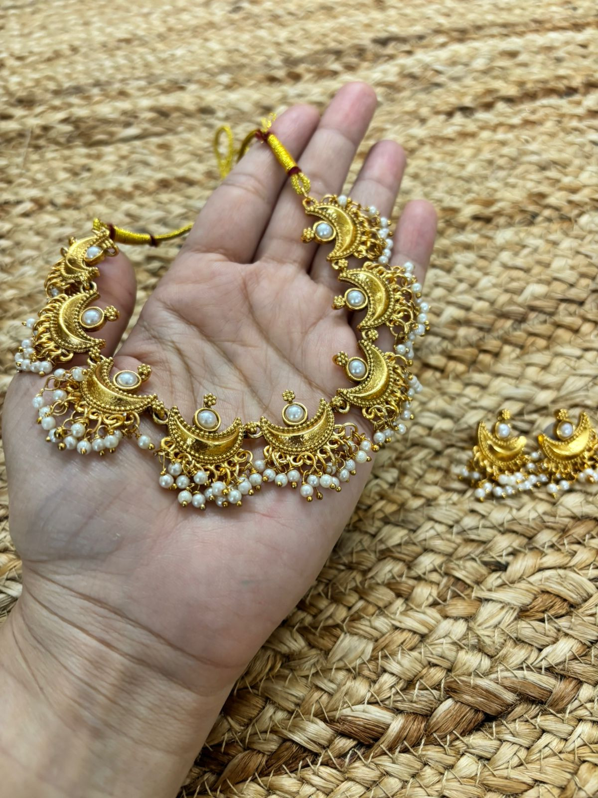 Metallic Oxidised Gold Necklace Set With Earrings - Pearl