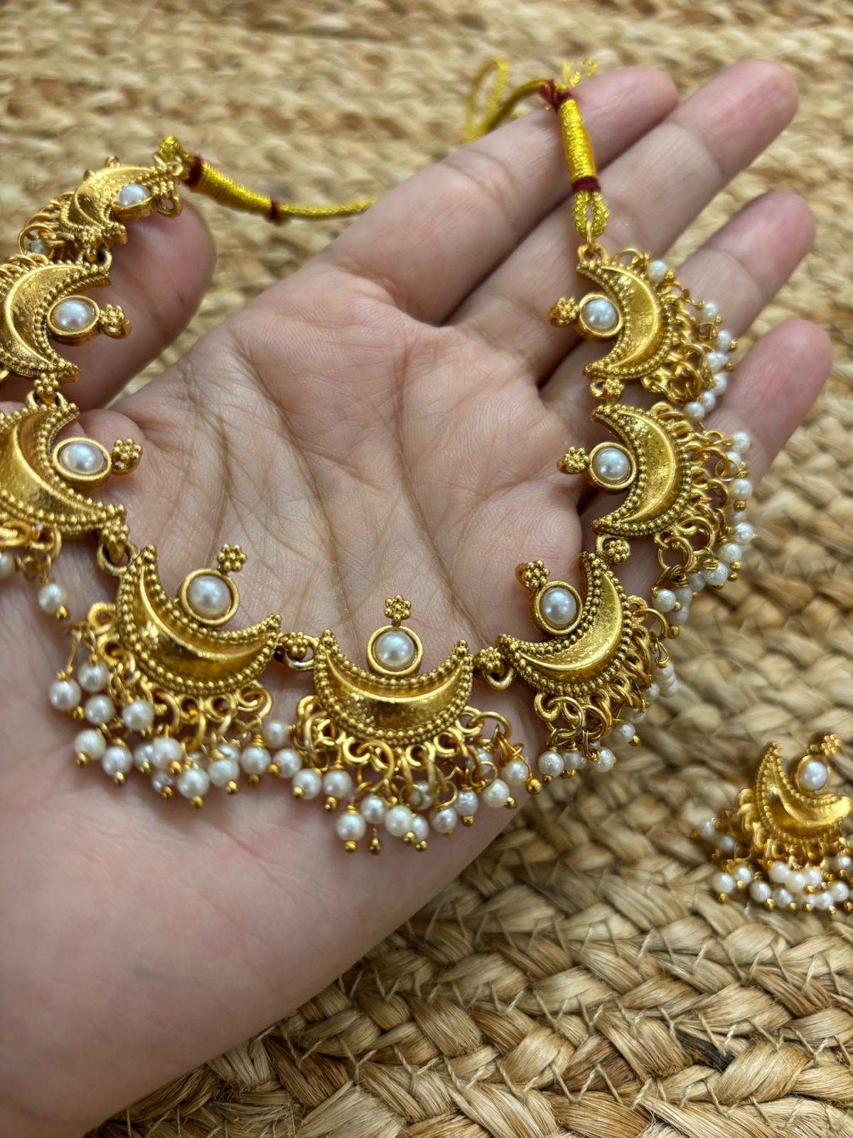 Metallic Oxidised Gold Necklace Set With Earrings - Pearl