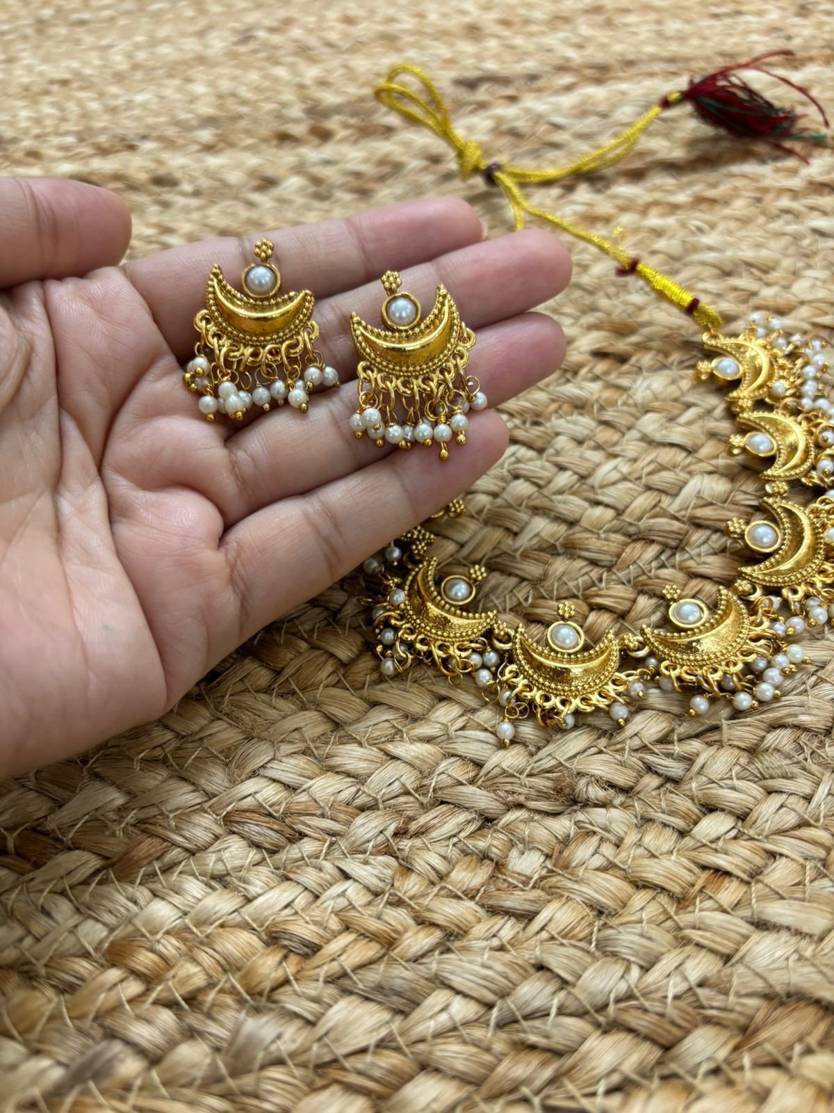 Metallic Oxidised Gold Necklace Set With Earrings - Pearl