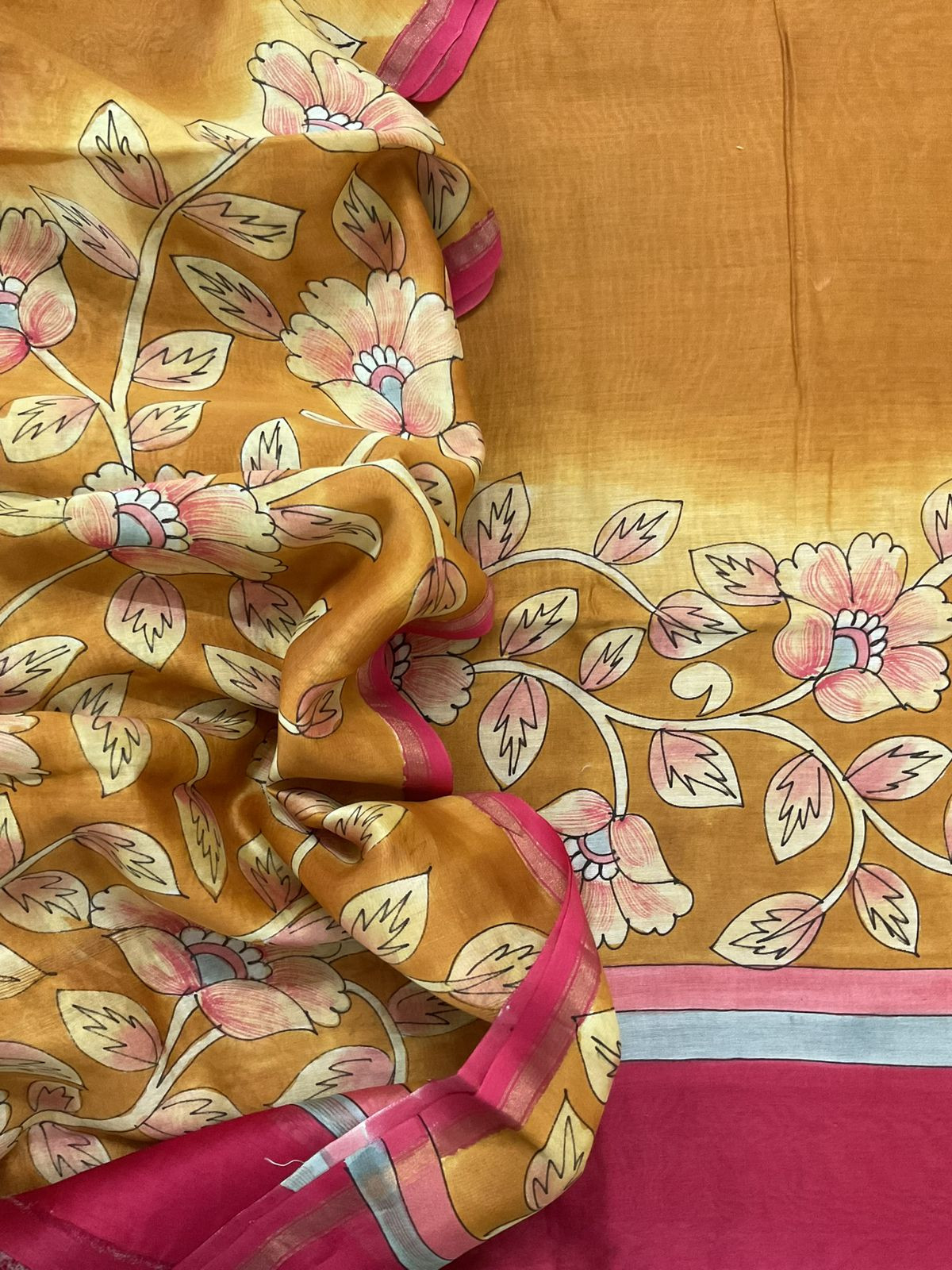 Pure Mul Chanderi Kalamkari Printed Suit - Mustard Yellow