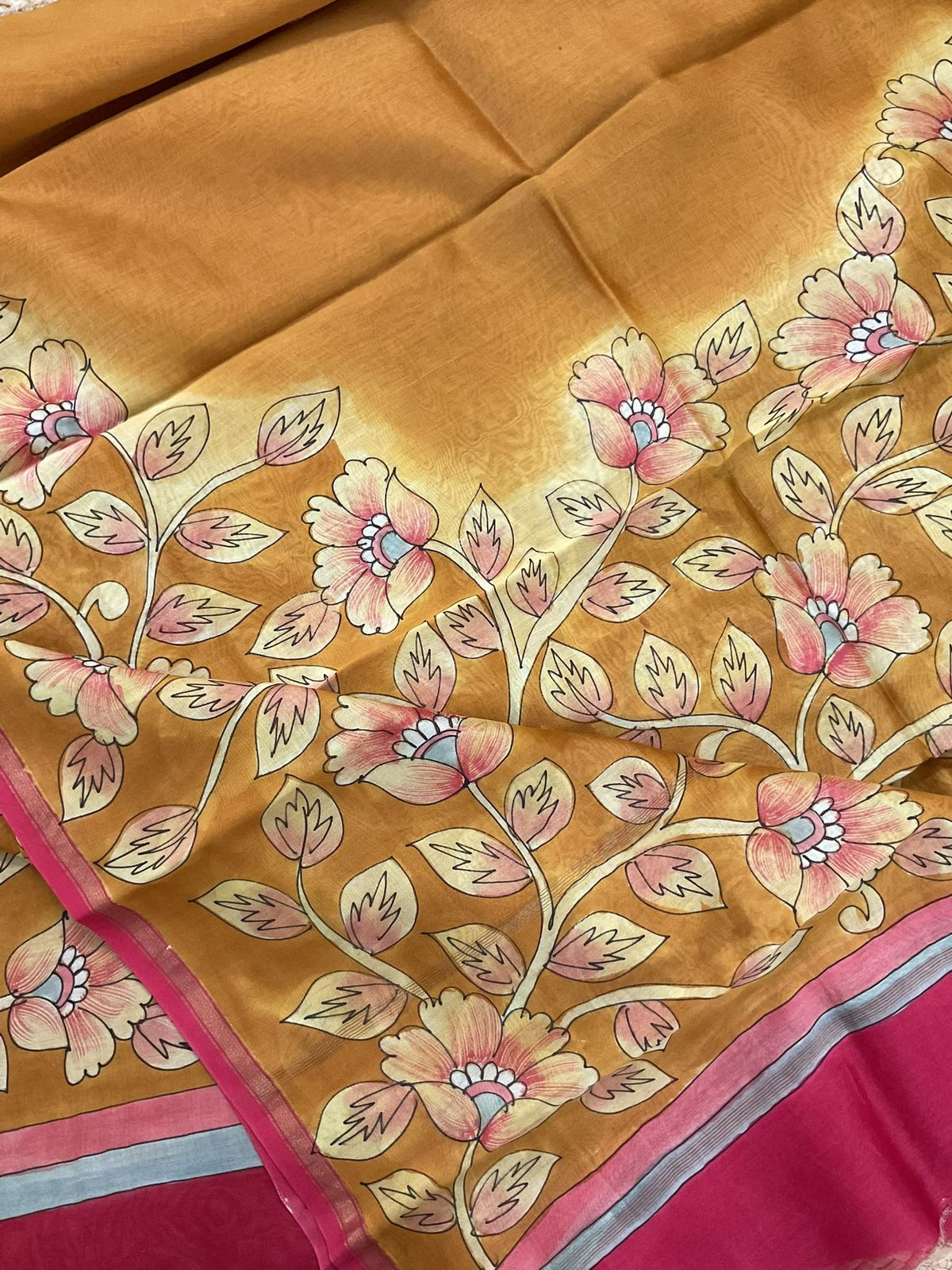 Pure Mul Chanderi Kalamkari Printed Suit - Mustard Yellow