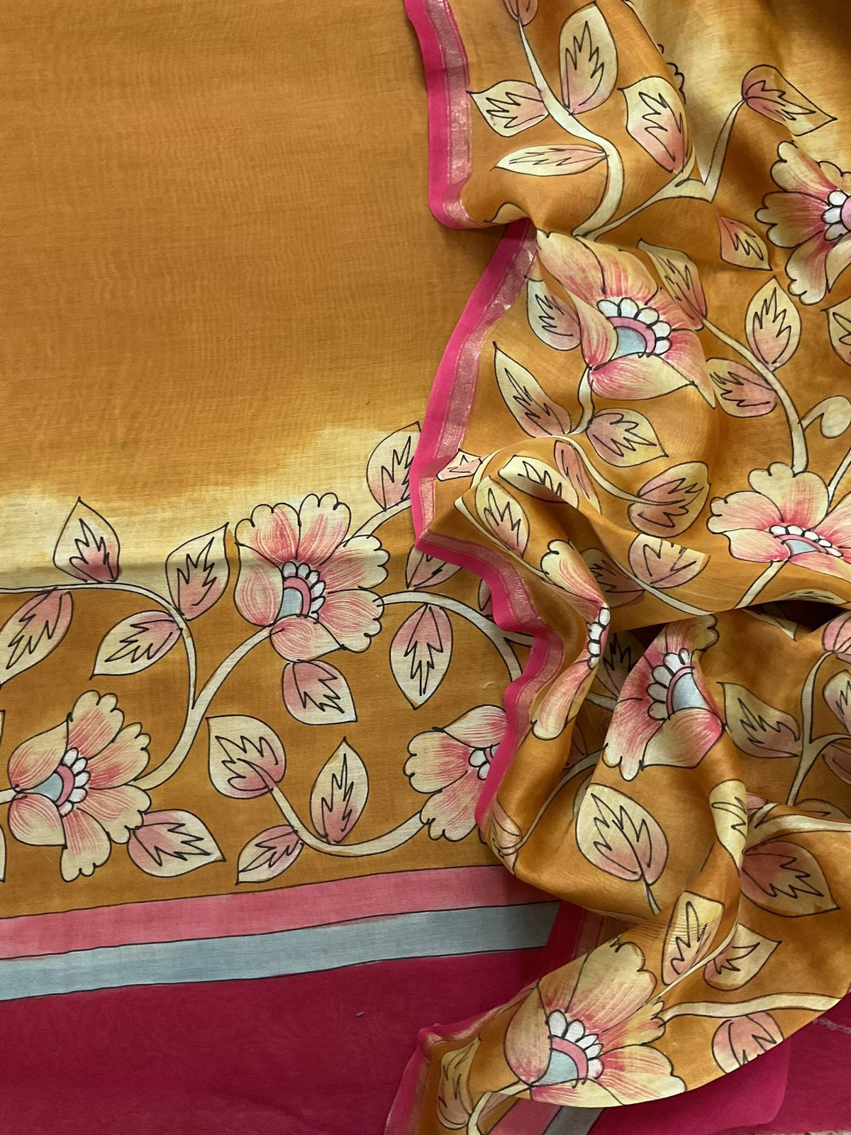 Pure Mul Chanderi Kalamkari Printed Suit - Mustard Yellow
