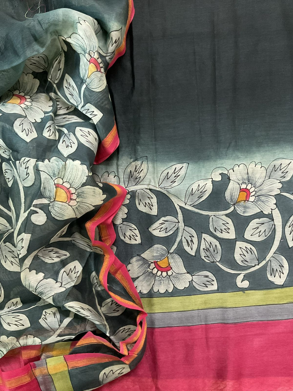 Pure Mul Chanderi Kalamkari Printed Suit - Greyish Black