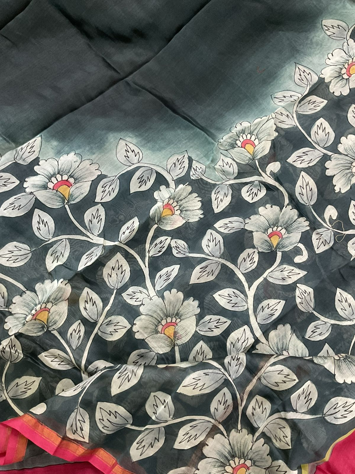 Pure Mul Chanderi Kalamkari Printed Suit - Greyish Black