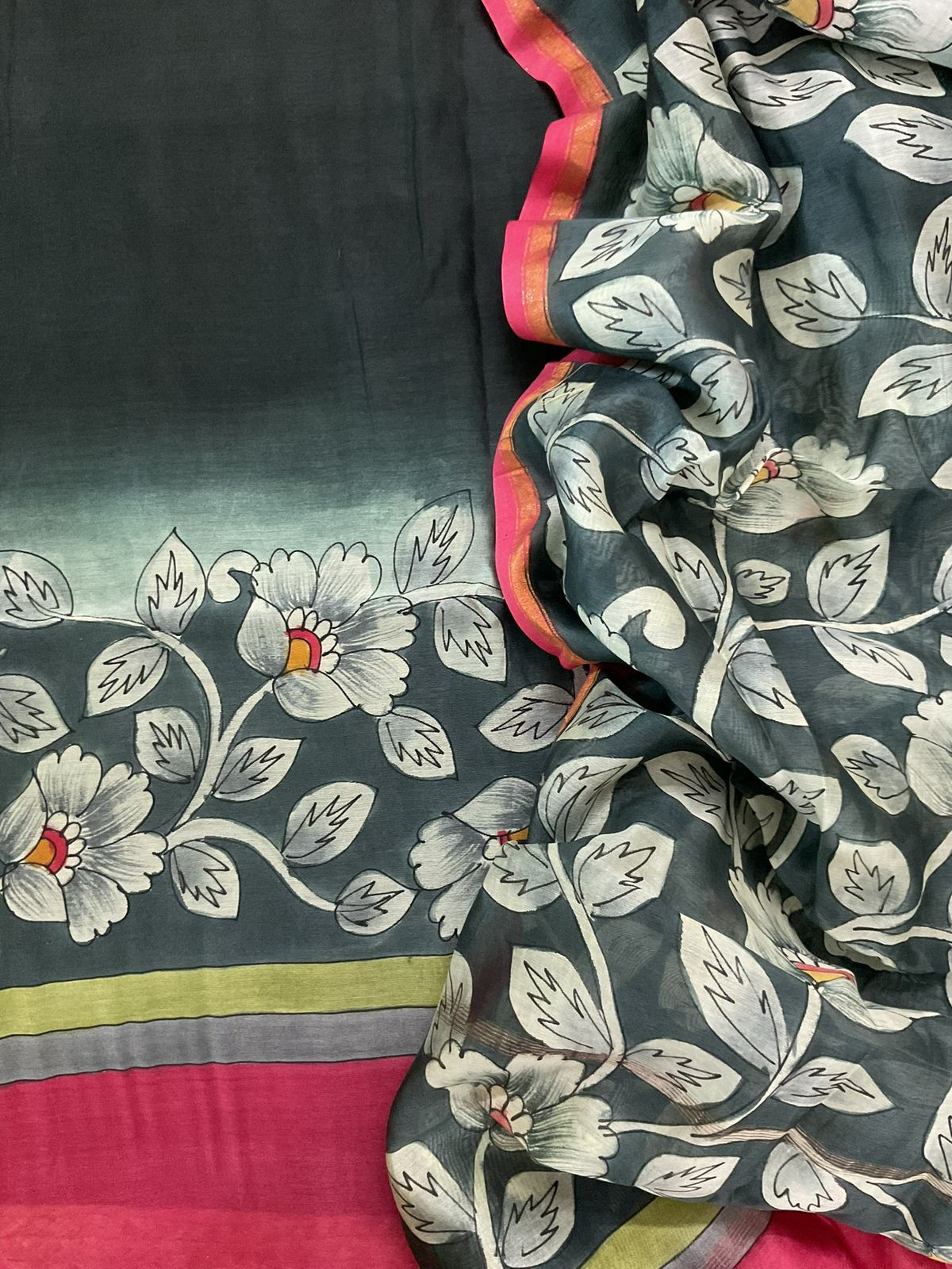 Pure Mul Chanderi Kalamkari Printed Suit - Greyish Black