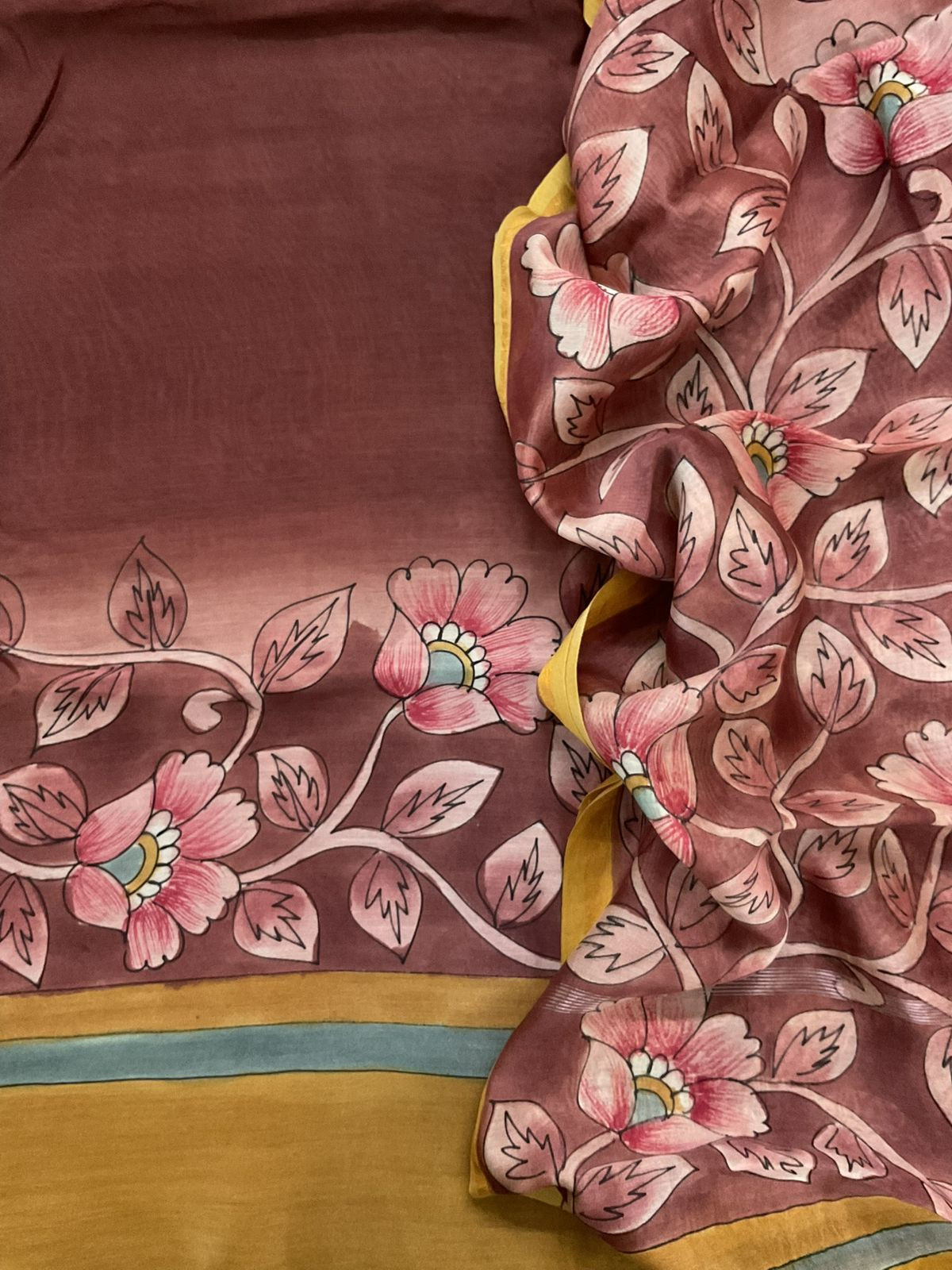 Pure Mul Chanderi Kalamkari Printed Suit - Brown