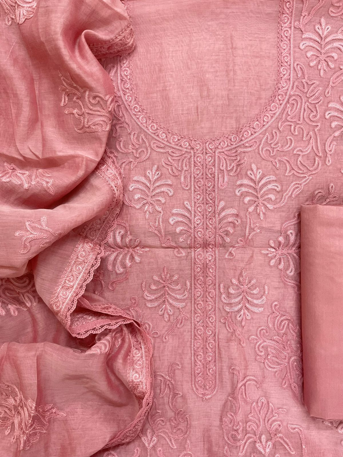 Pure Mul Chanderi Embroidered Suit - Pink