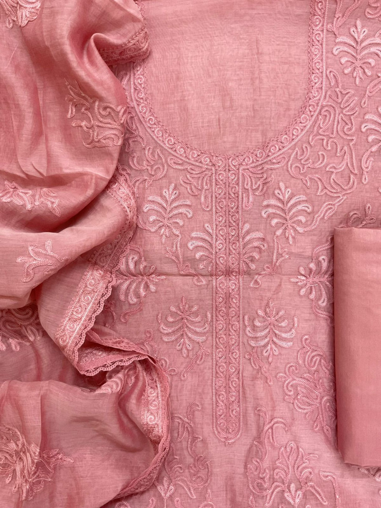 Image of Pure Mul Chanderi Embroidered Suit - Pink