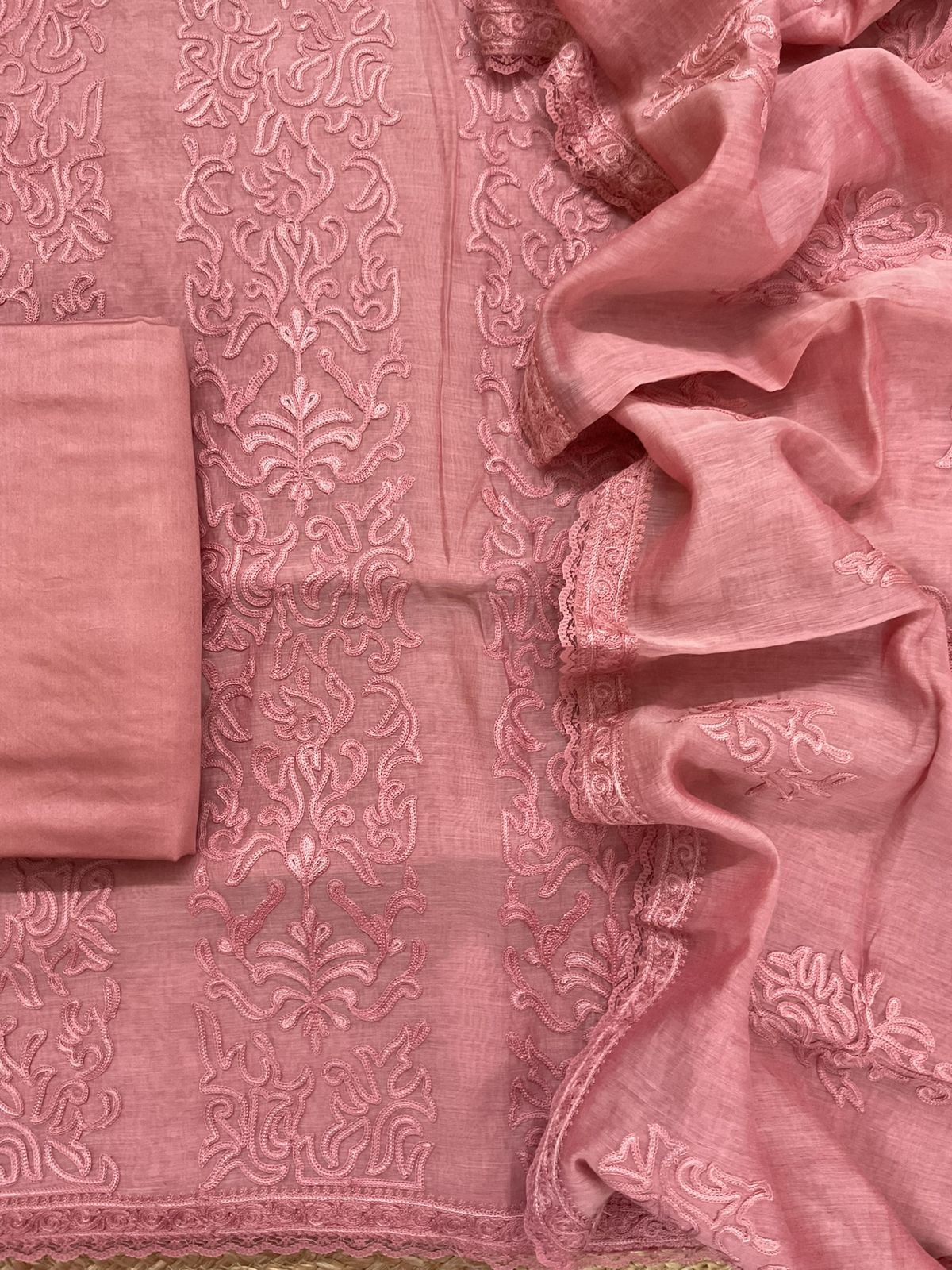 Pure Mul Chanderi Embroidered Suit - Pink