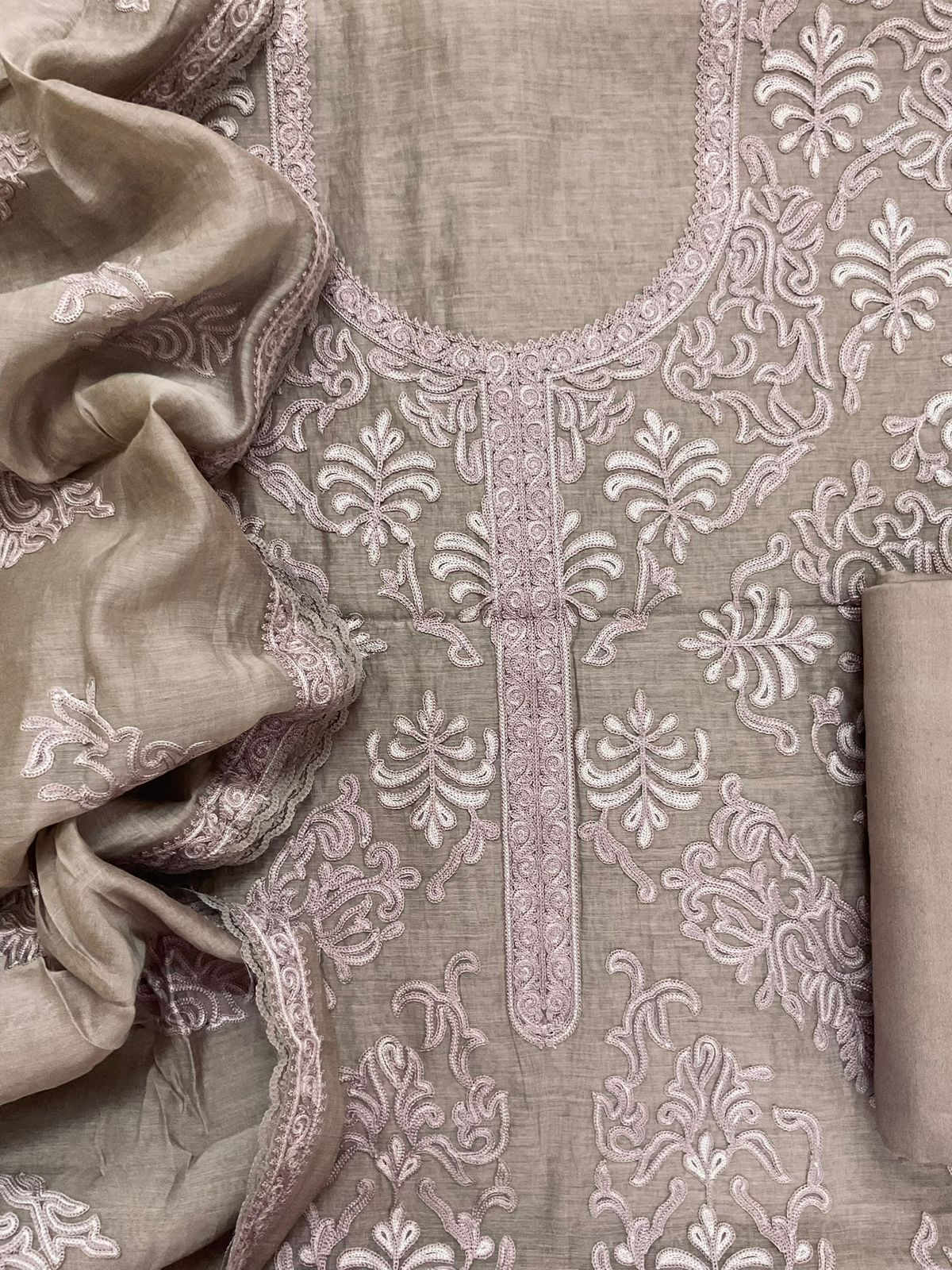 Pure Mul Chanderi Embroidered Suit - Beige