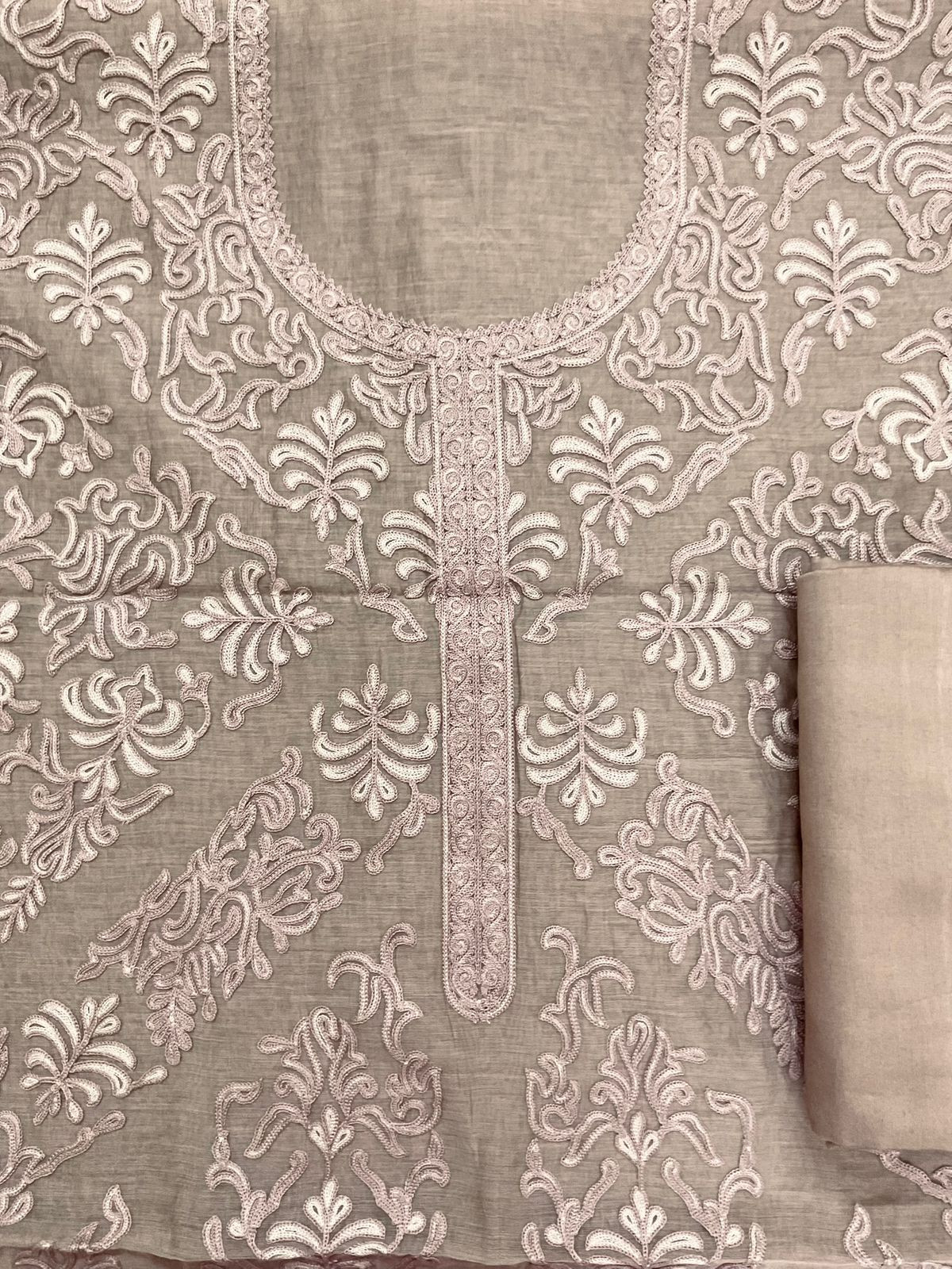 Pure Mul Chanderi Embroidered Suit - Beige