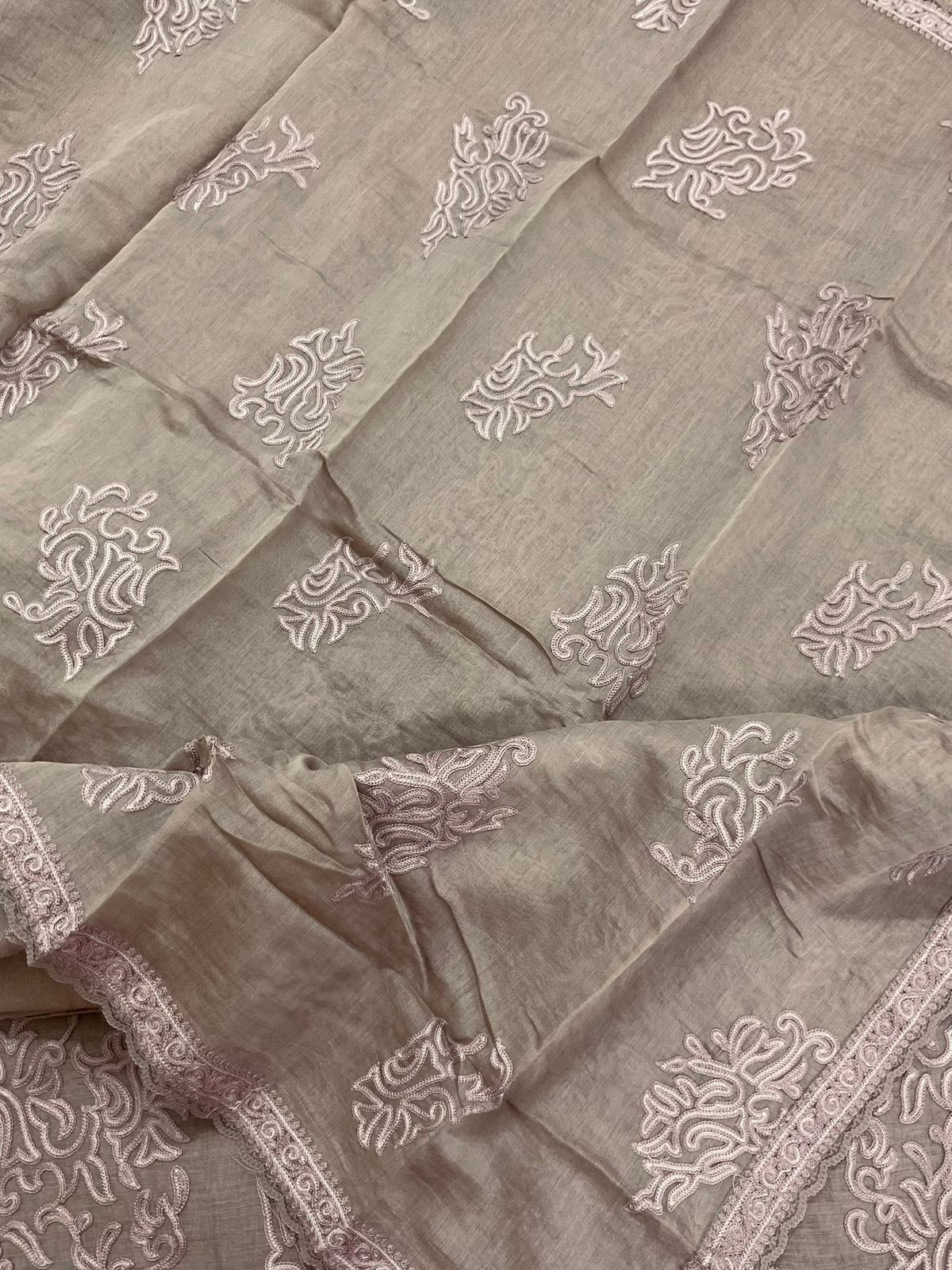 Pure Mul Chanderi Embroidered Suit - Beige