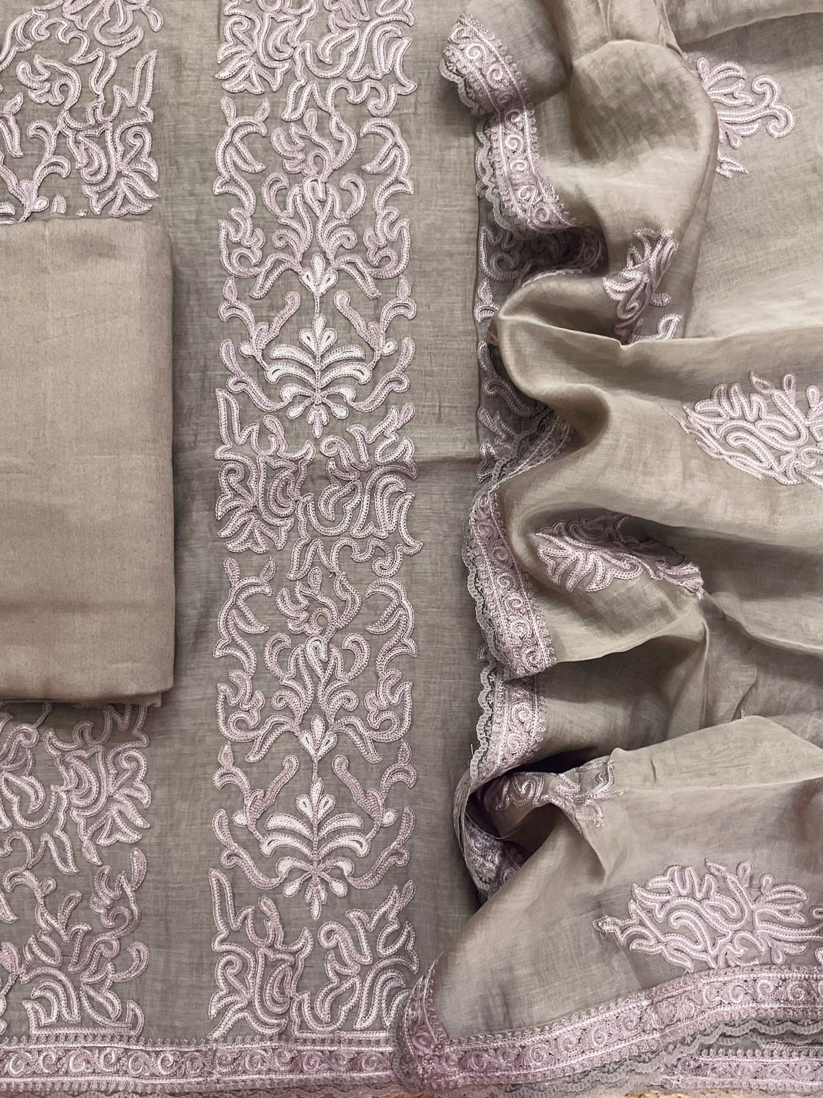 Pure Mul Chanderi Embroidered Suit - Beige