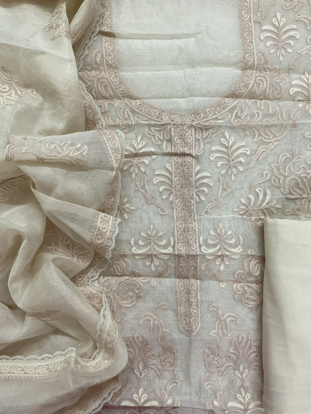 Pure Mul Chanderi Embroidered Suit - Offwhite