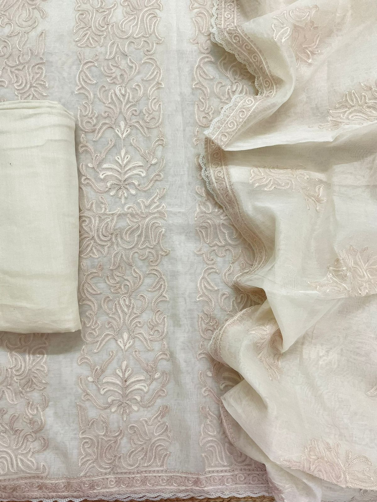 Pure Mul Chanderi Embroidered Suit - Offwhite