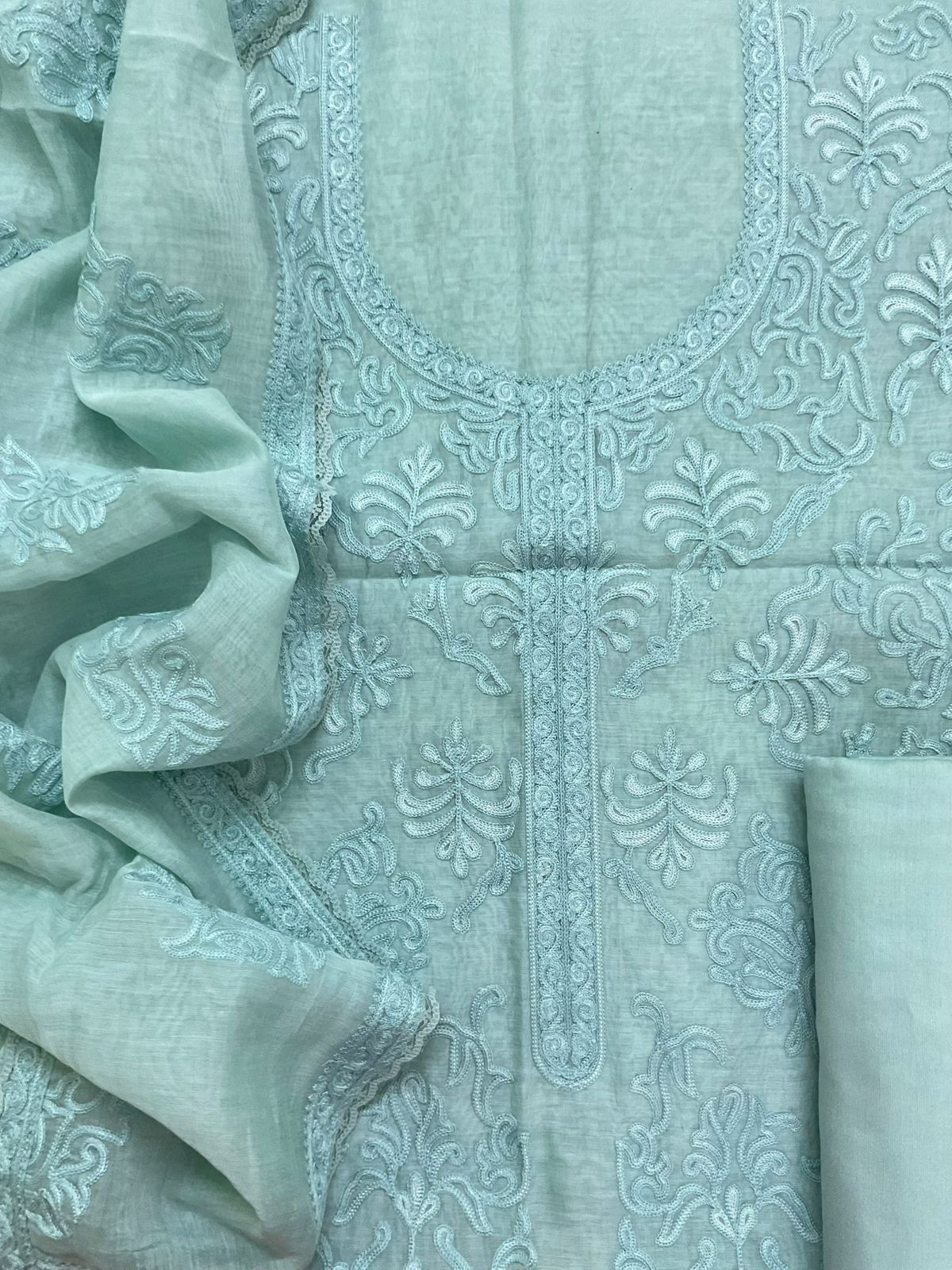 Pure Mul Chanderi Embroidered Suit - Blue