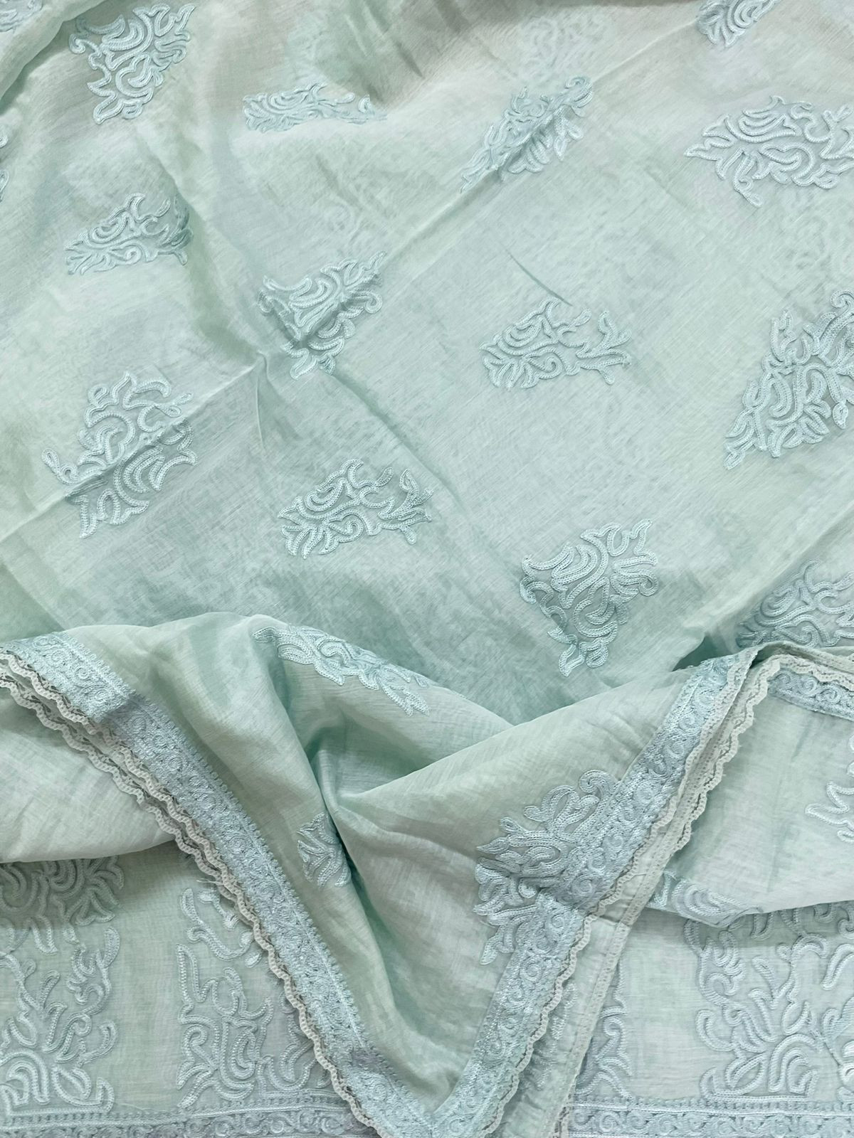 Pure Mul Chanderi Embroidered Suit - Blue