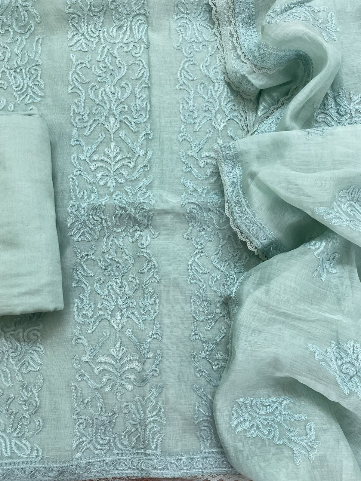 Pure Mul Chanderi Embroidered Suit - Blue