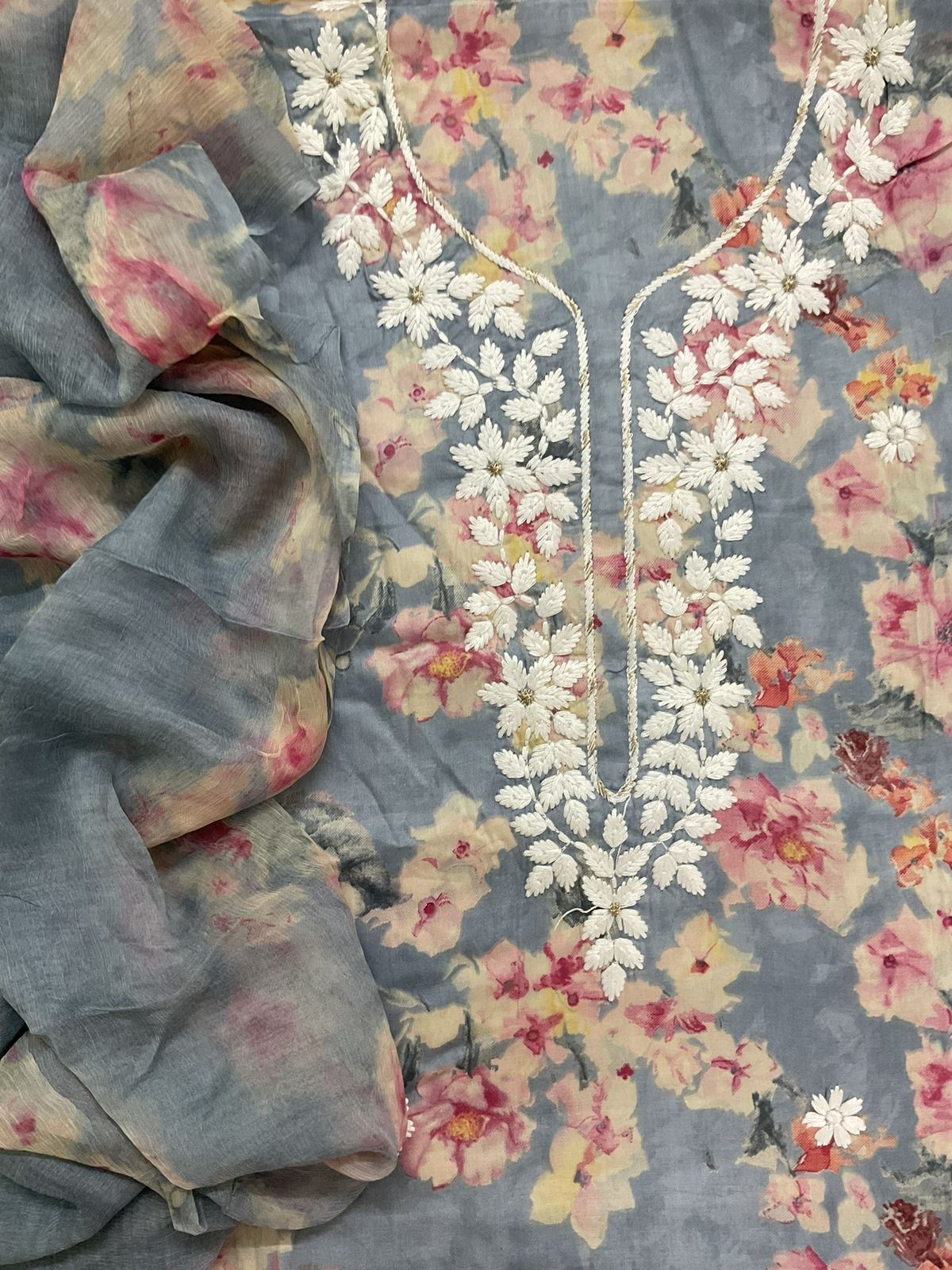 Pure Jaam Cotton Printed Embroidered Suit - Grey